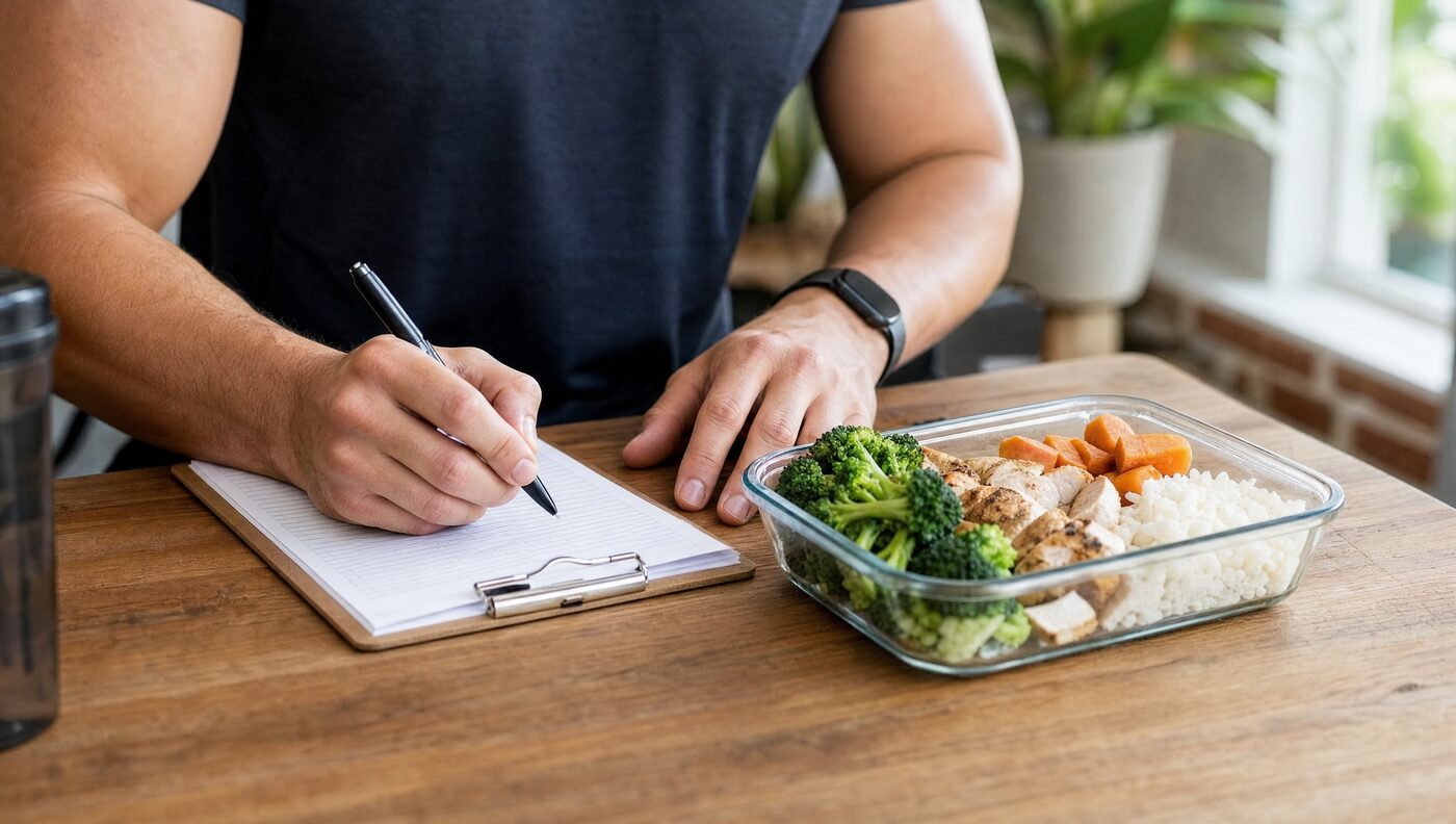 A personal trainer reviewing nutrition notes on a clipboard next to a prepared meal container