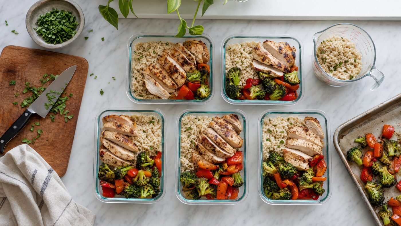 Prepared meal containers of grilled chicken, rice and vegetables on a kitchen counter